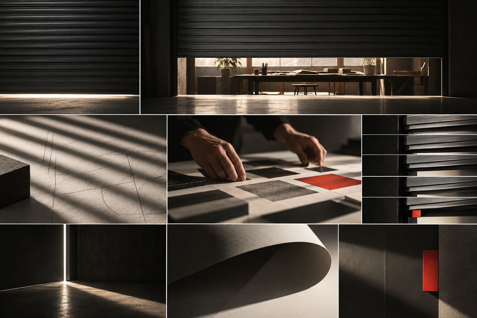 AI-generated concept collage of a garage shutter opening, slatted light and a restrained red marker