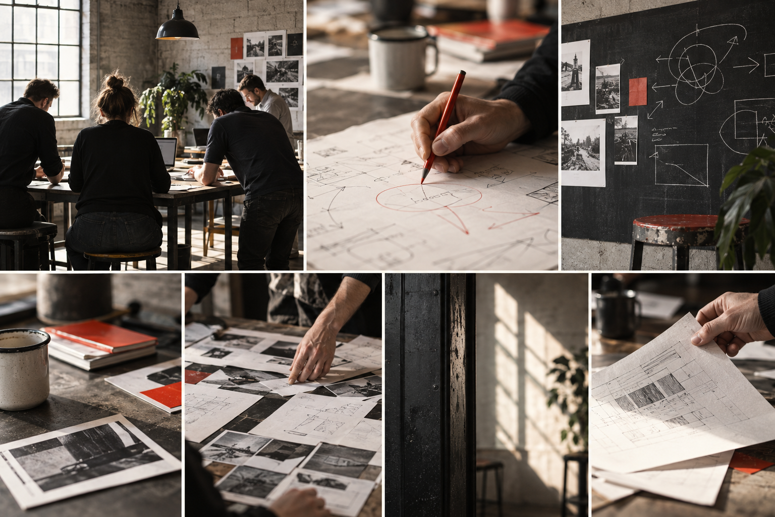 Concept moodboard of candid workshop tables, annotated decision maps and natural industrial light